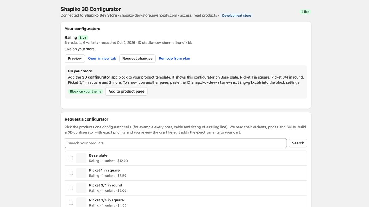 The Shapiko app inside the Shopify admin: live configurator, theme block status and product picker