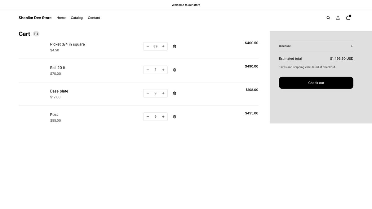 The Shopify cart holding every part of the design with the same total