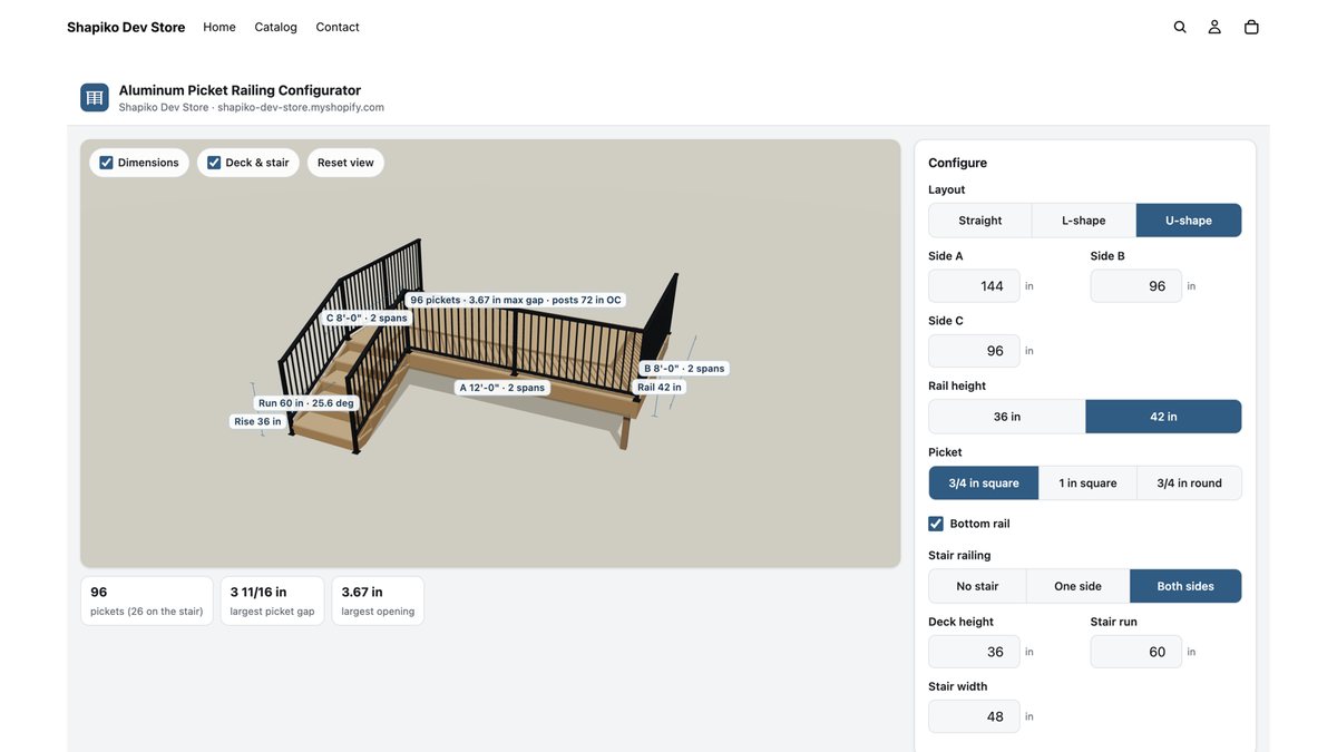 A buyer designs a U-shaped aluminum railing in 3D on a Shopify product page