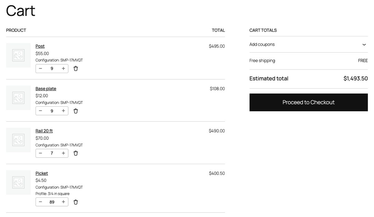 WooCommerce cart with every part of the configuration and its reference on each line